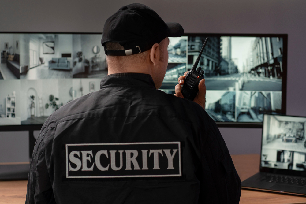 portrait male securit-guard with radio station CCTV camera